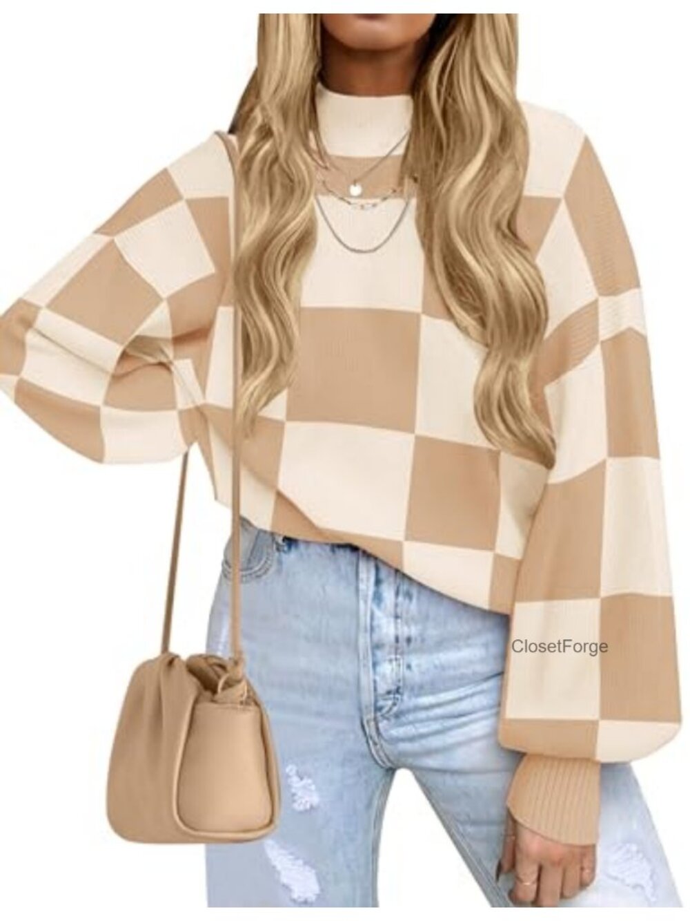 Turtleneck Oversized Knit Pullover Sweater Drop Batwing Sleeves Mock Neck
